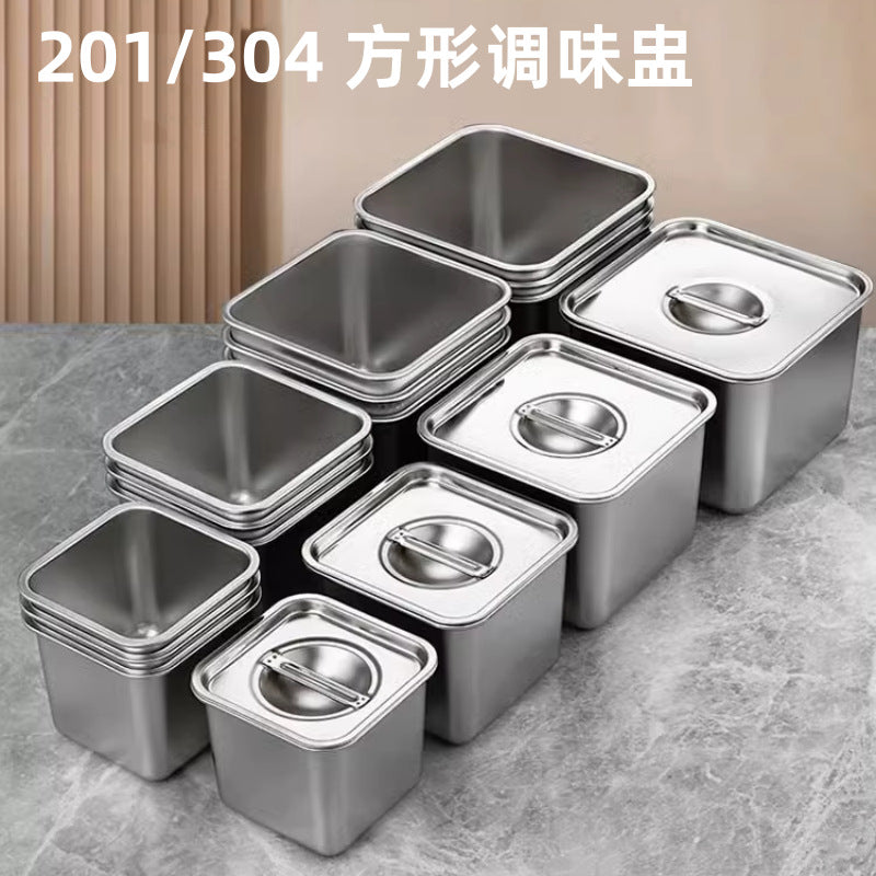304 stainless steel flavor cup commercial seasoning jar with lid kitchen lard basin square bucket condiment box seasoning tank