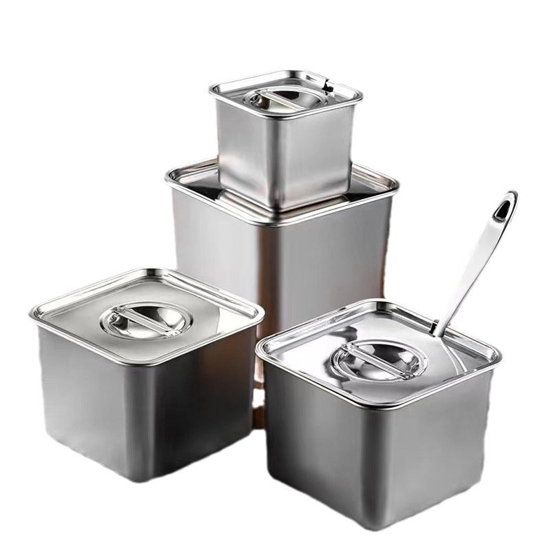 304 stainless steel flavor cup commercial seasoning jar with lid kitchen lard basin square bucket condiment box seasoning tank