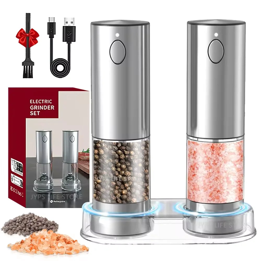 Electric salt and pepper Grinder Set Stainless Steel Silver/ Black