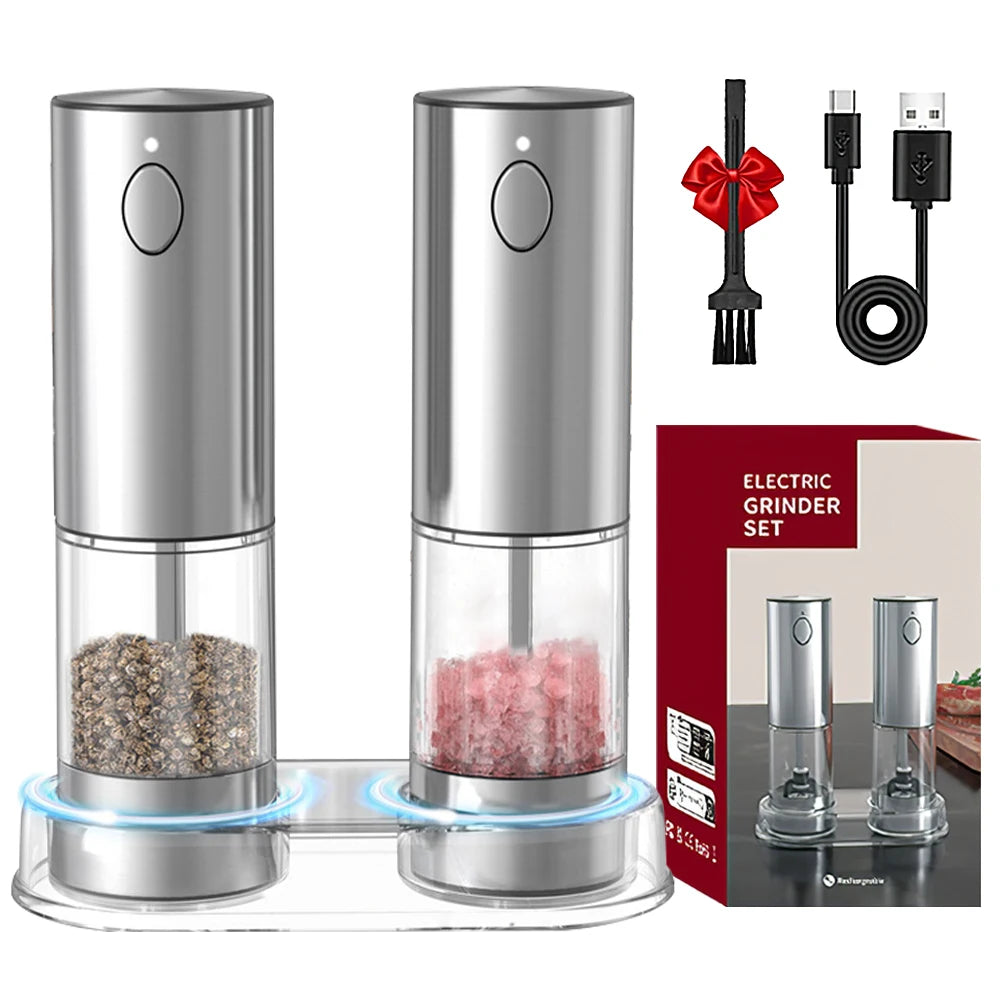 Electric salt and pepper Grinder Set Stainless Steel Silver/ Black